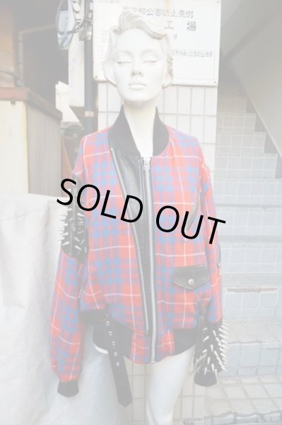 画像7: 【HIRO ヒロ】チェック柄ウール地×スタッズレザー切替コモンスリーブMA-1ジャケット (7)